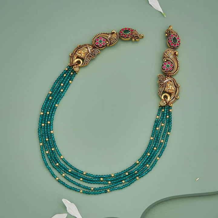 Pure 92.5 Silver, Gold Oxidized Multi-Layer Green Bead Necklace with Gemstone Accents and Peacock Motifs