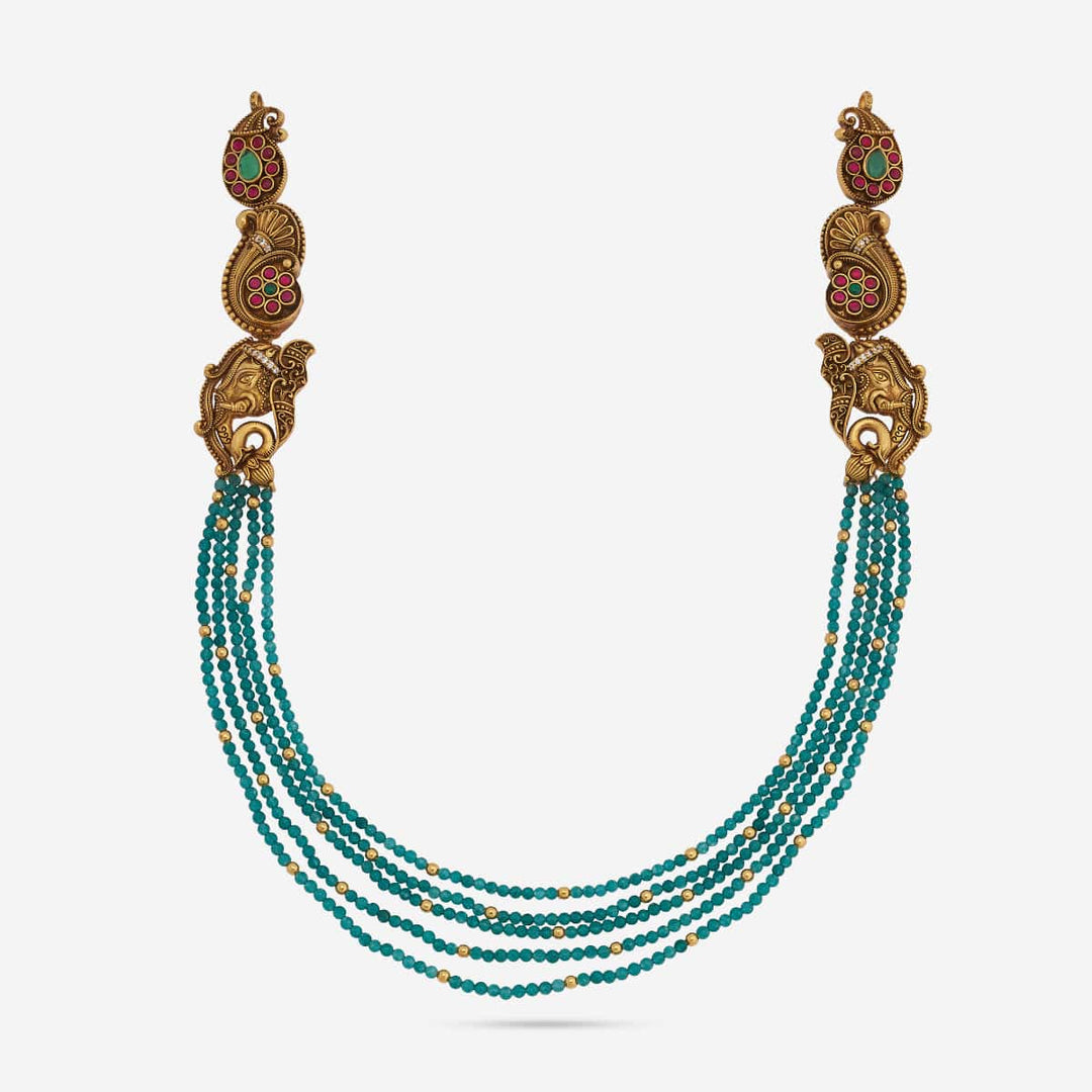 Pure 92.5 Silver, Gold Oxidized Multi-Layer Green Bead Necklace with Gemstone Accents and Peacock Motifs