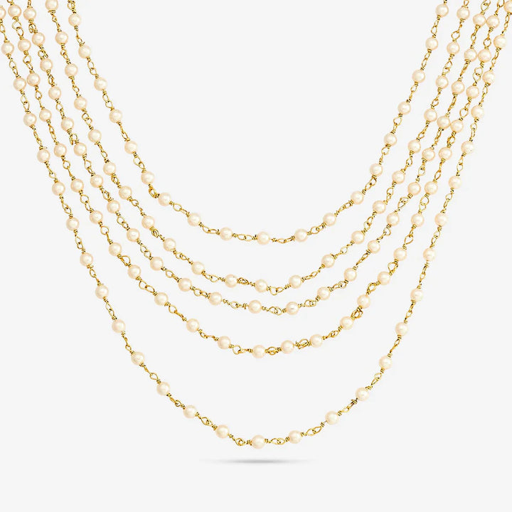 Pure 92.5 Silver, Gold Oxidized Multi-Layer Pearl Haram Necklace with Intricate Side Motifs and Stone Accents