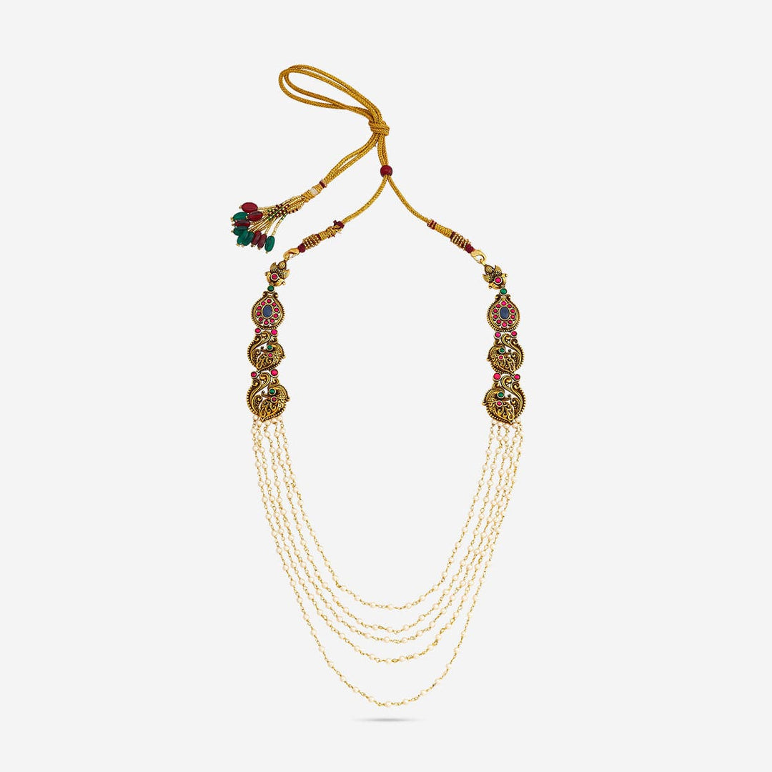 Pure 92.5 Silver, Gold Oxidized Multi-Layer Pearl Haram Necklace with Intricate Side Motifs and Stone Accents