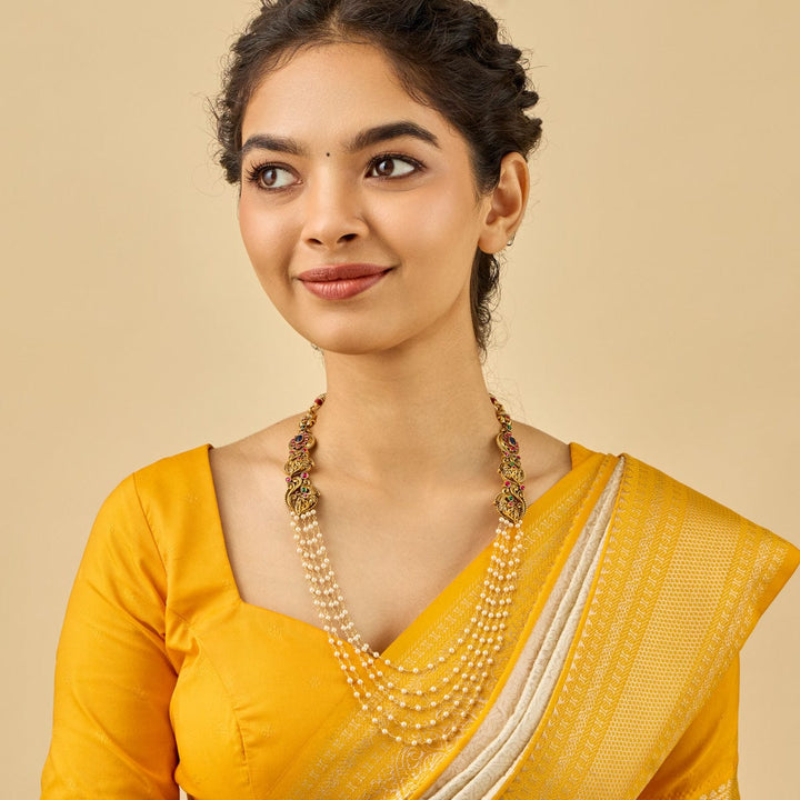 Pure 92.5 Silver, Gold Oxidized Multi-Layer Pearl Haram Necklace with Intricate Side Motifs and Stone Accents