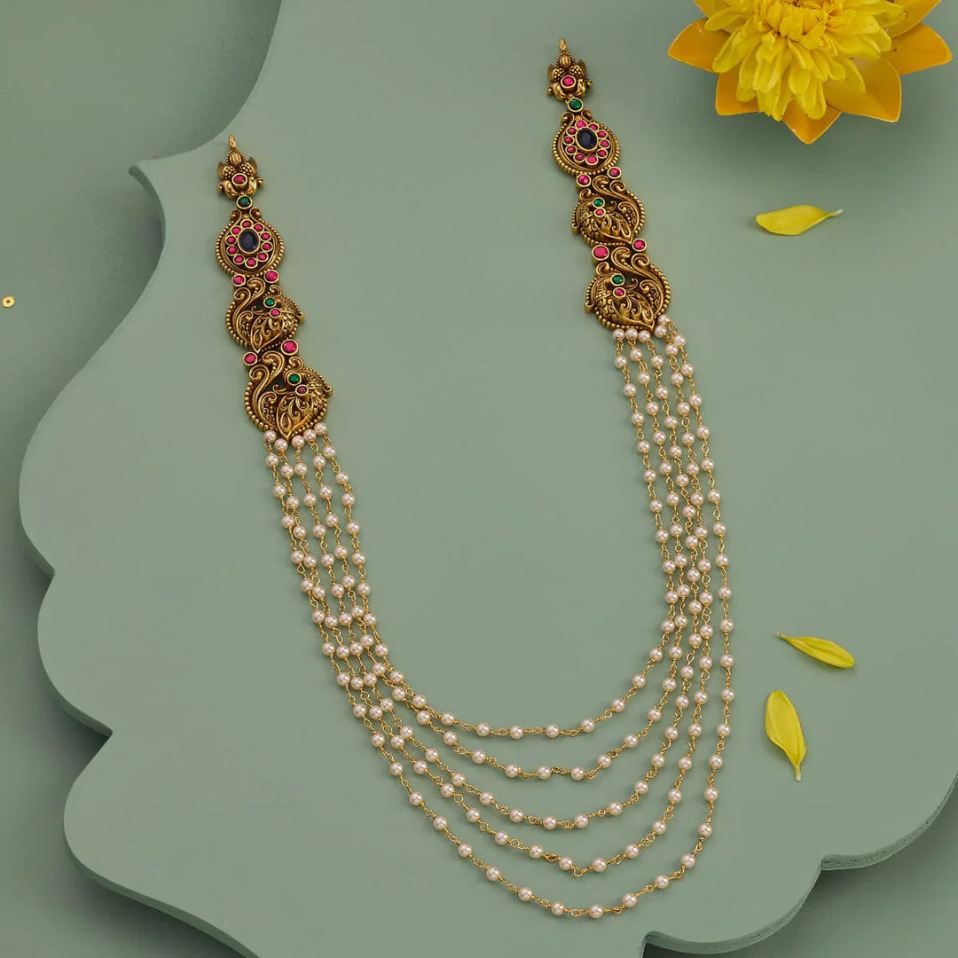 Pure 92.5 Silver, Gold Oxidized Multi-Layer Pearl Haram Necklace with Intricate Side Motifs and Stone Accents