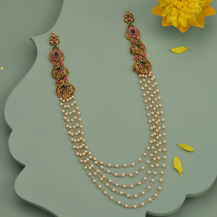 Pure 92.5 Silver, Gold Oxidized Multi-Layer Pearl Haram Necklace with Intricate Side Motifs and Stone Accents