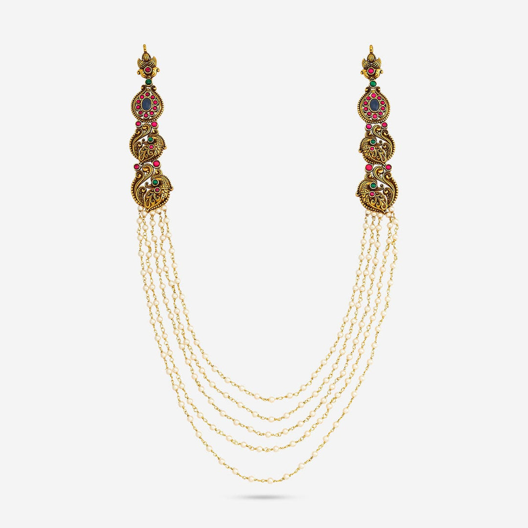Pure 92.5 Silver, Gold Oxidized Multi-Layer Pearl Haram Necklace with Intricate Side Motifs and Stone Accents
