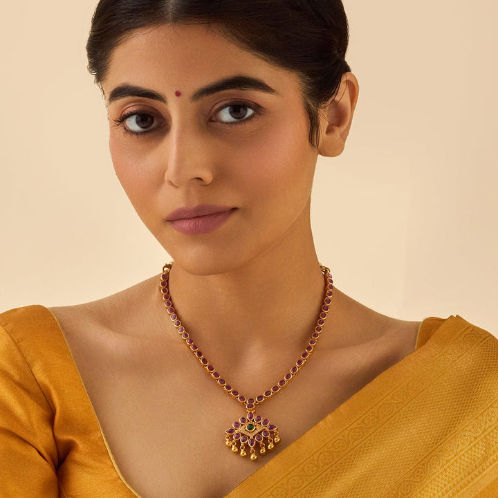 Pure 92.5 Silver, Gold Plated Reversible Temple Necklace with Ruby and White Stone Accents