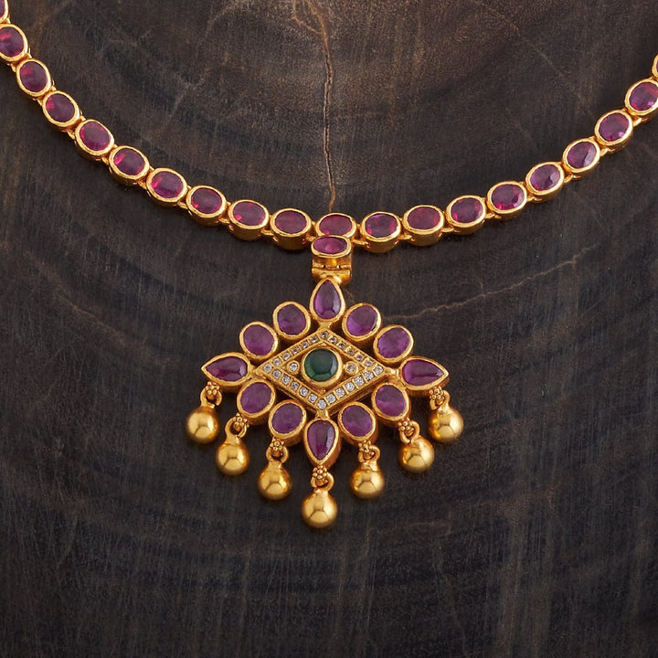 Pure 92.5 Silver, Gold Plated Reversible Temple Necklace with Ruby and White Stone Accents