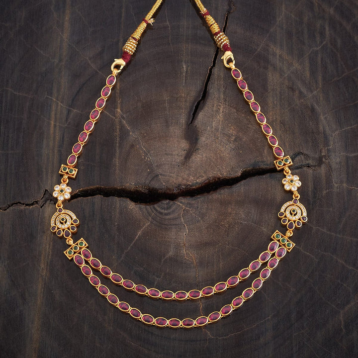 Pure 92.5 Silver, Gold Plated Two Strands Ruby Necklace with White and Green stone Details