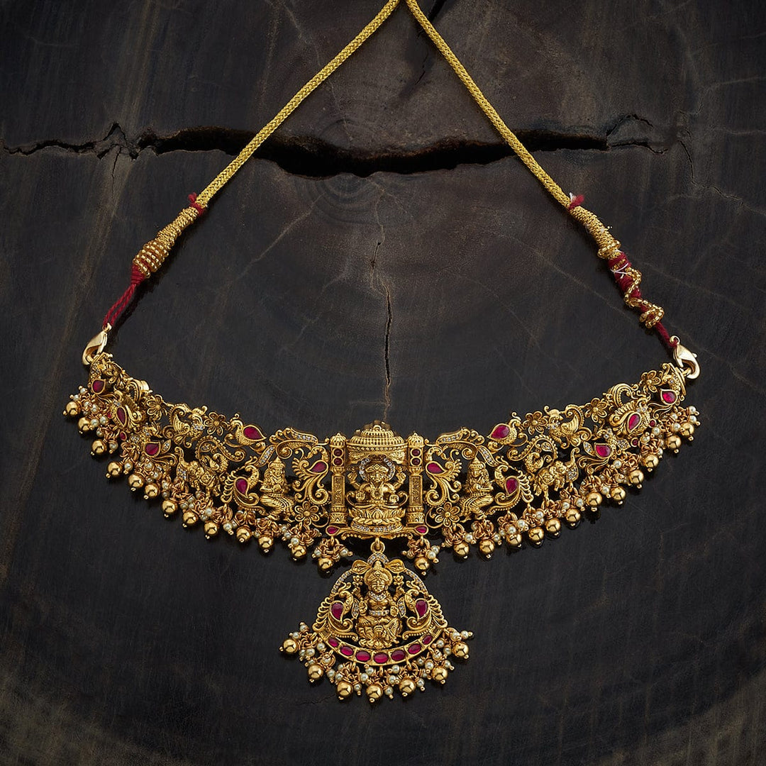 Pure 92.5 Silver, Gold Oxidized Lakshmi and Peacock Design Temple Choker with Gemstone Accents