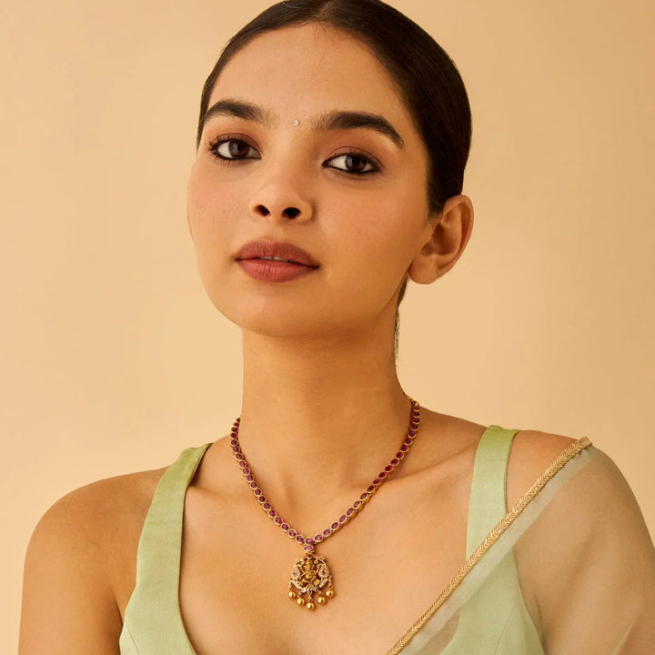 Pure 92.5 Silver Gold-Plated Necklace with Ganesha Pendant and Dangling Beads