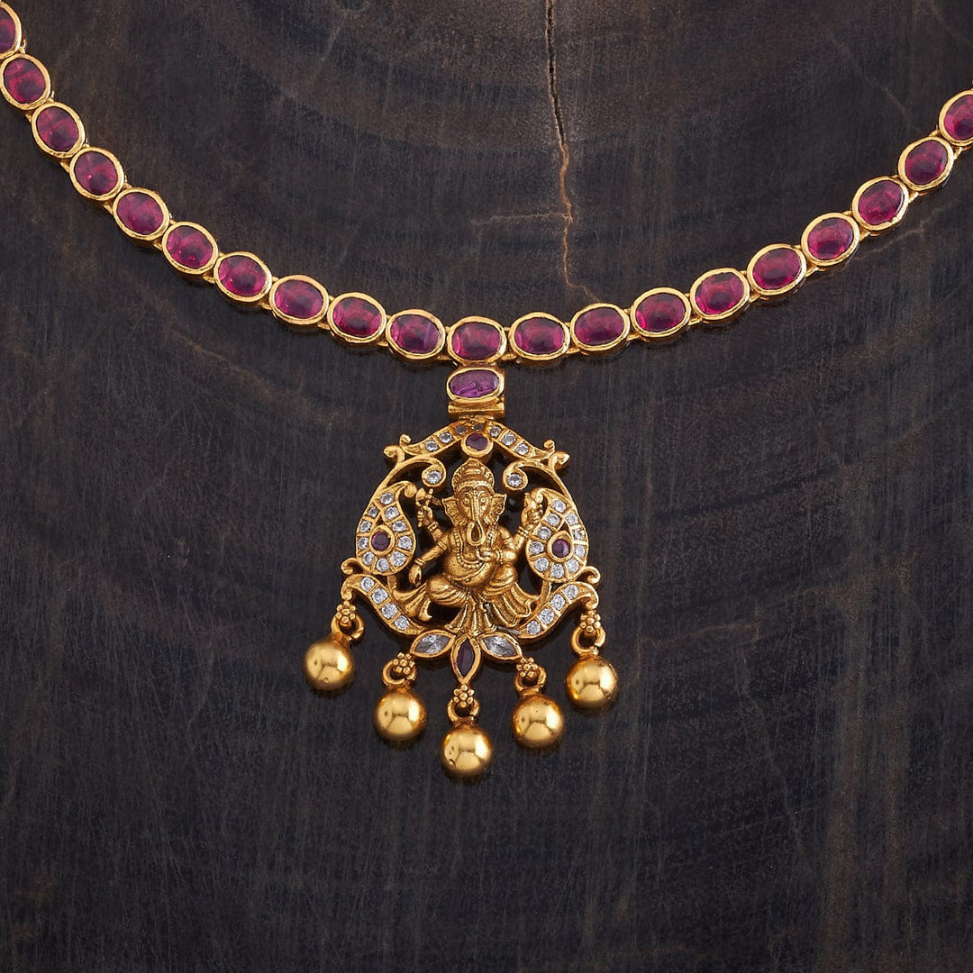 Pure 92.5 Silver Gold-Plated Necklace with Ganesha Pendant and Dangling Beads