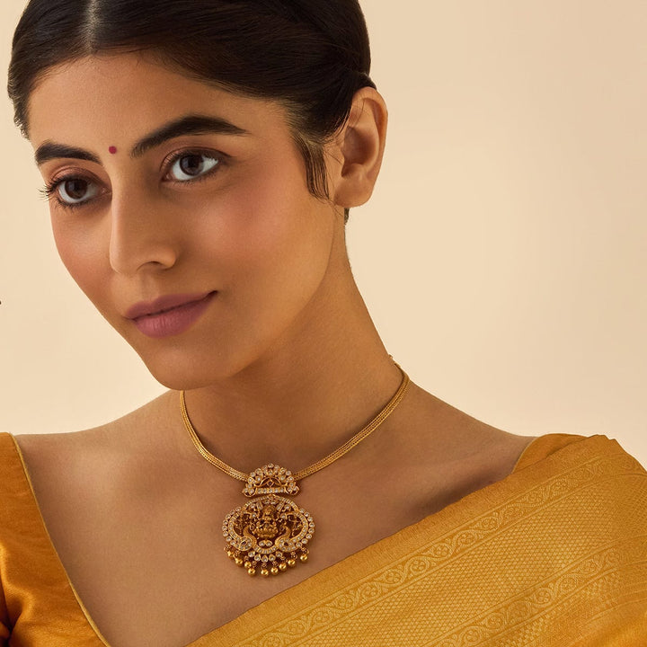 Pure 92.5 Silver, Gold Oxidized White-Ruby Stone Temple Necklace with Lakshmi Pendant