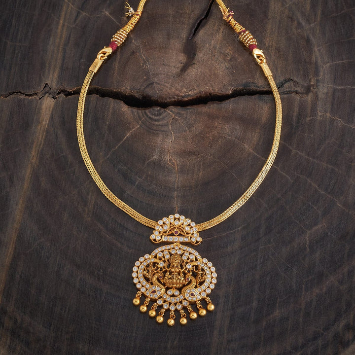 Pure 92.5 Silver, Gold Oxidized White-Ruby Stone Temple Necklace with Lakshmi Pendant