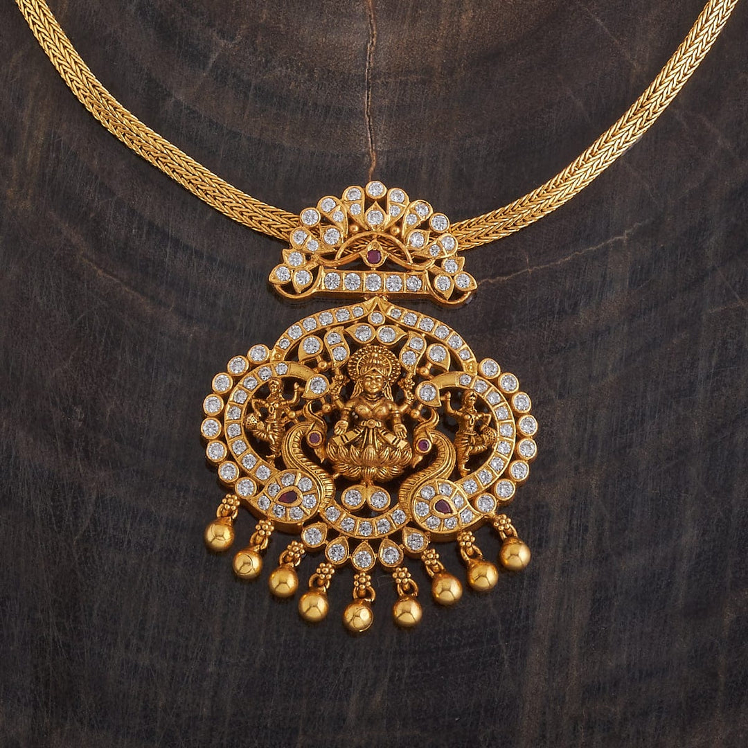 Pure 92.5 Silver, Gold Oxidized White-Ruby Stone Temple Necklace with Lakshmi Pendant