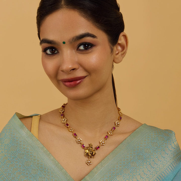 Pure 92.5 Silver, Gold Oxidized Lord Krishna and Floral Design Temple Necklace with Gemstone Accents