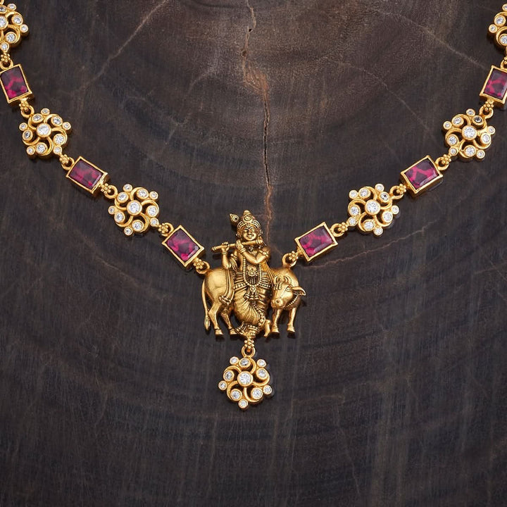 Pure 92.5 Silver, Gold Oxidized Lord Krishna and Floral Design Temple Necklace with Gemstone Accents | SHOBITAM