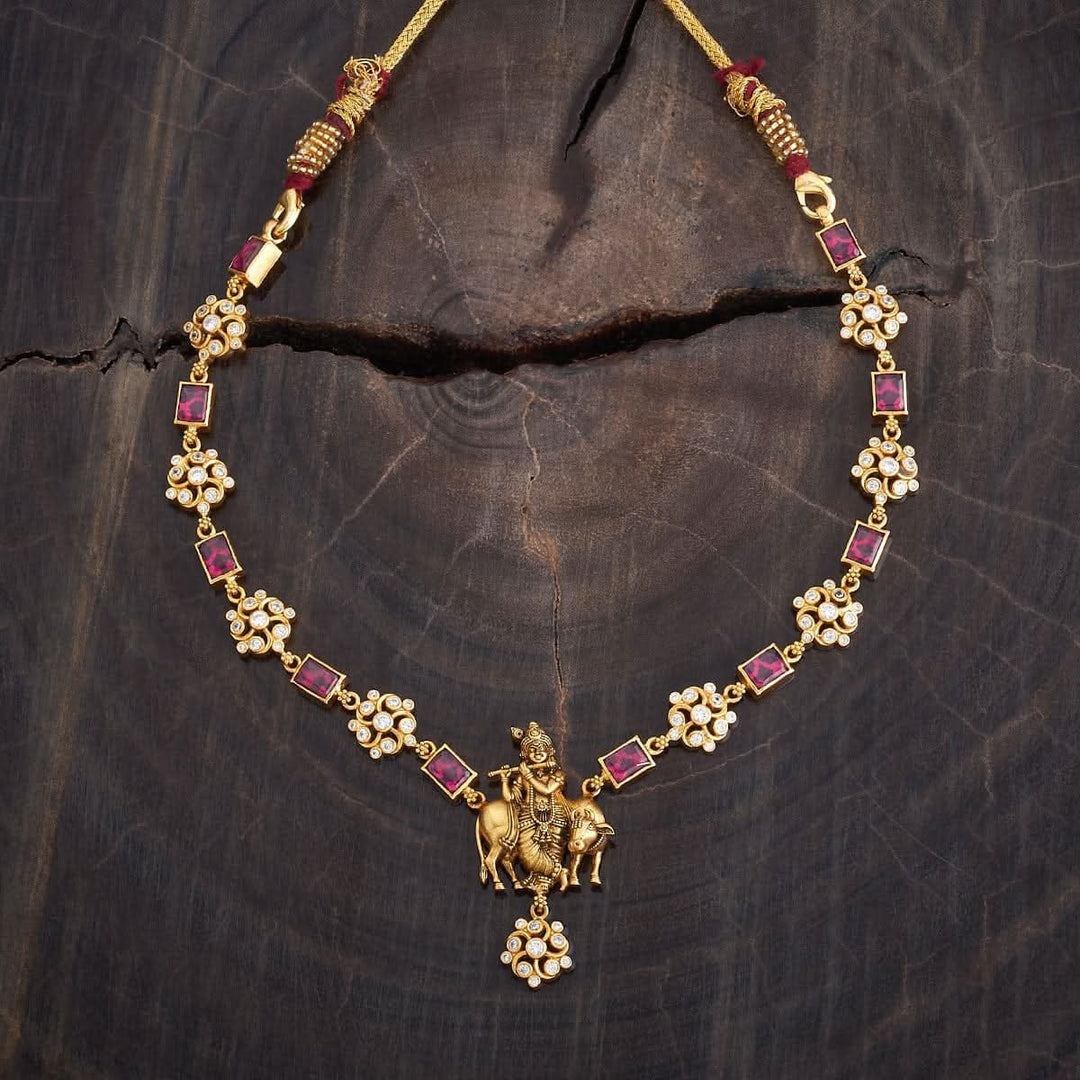 Pure 92.5 Silver, Gold Oxidized Lord Krishna and Floral Design Temple Necklace with Gemstone Accents | SHOBITAM
