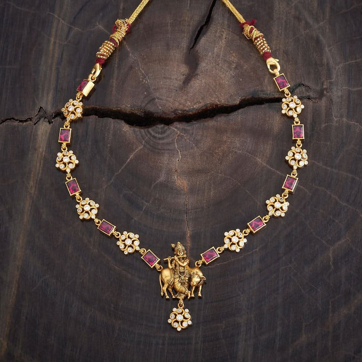 Pure 92.5 Silver, Gold Oxidized Lord Krishna and Floral Design Temple Necklace with Gemstone Accents | SHOBITAM