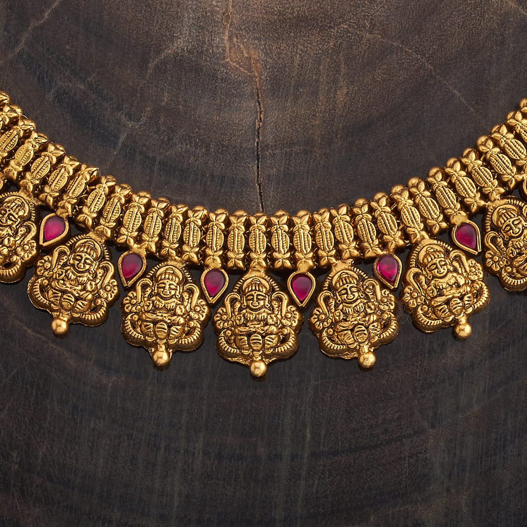 Pure 92.5 Silver Gold-Plated Goddes Lakshmi Units Necklace with Ruby Detailing