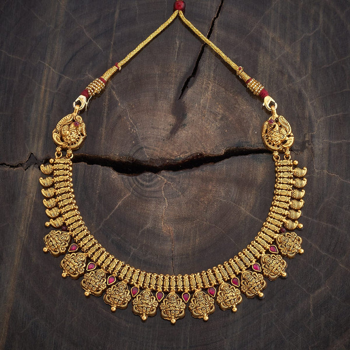 Pure 92.5 Silver Gold-Plated Goddes Lakshmi Units Necklace with Ruby Detailing