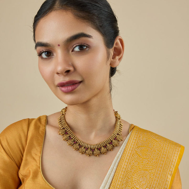 Pure 92.5 Silver Gold-Plated Goddes Lakshmi Units Necklace with Ruby Detailing