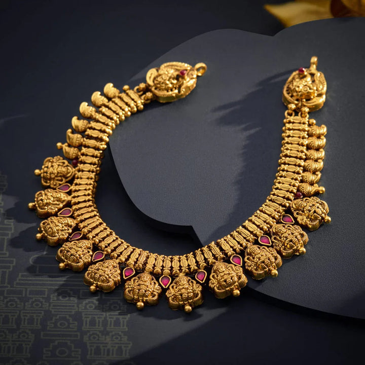 Pure 92.5 Silver Gold-Plated Goddes Lakshmi Units Necklace with Ruby Detailing