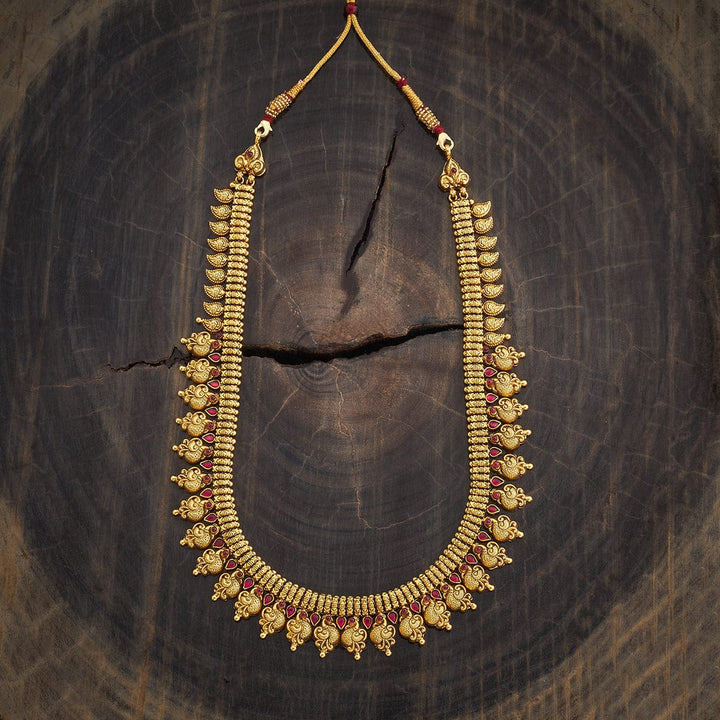 Pure 92.5 Silver, Gold Oxidized Traditional Peacock Design Temple Long Necklace with Ruby Accents