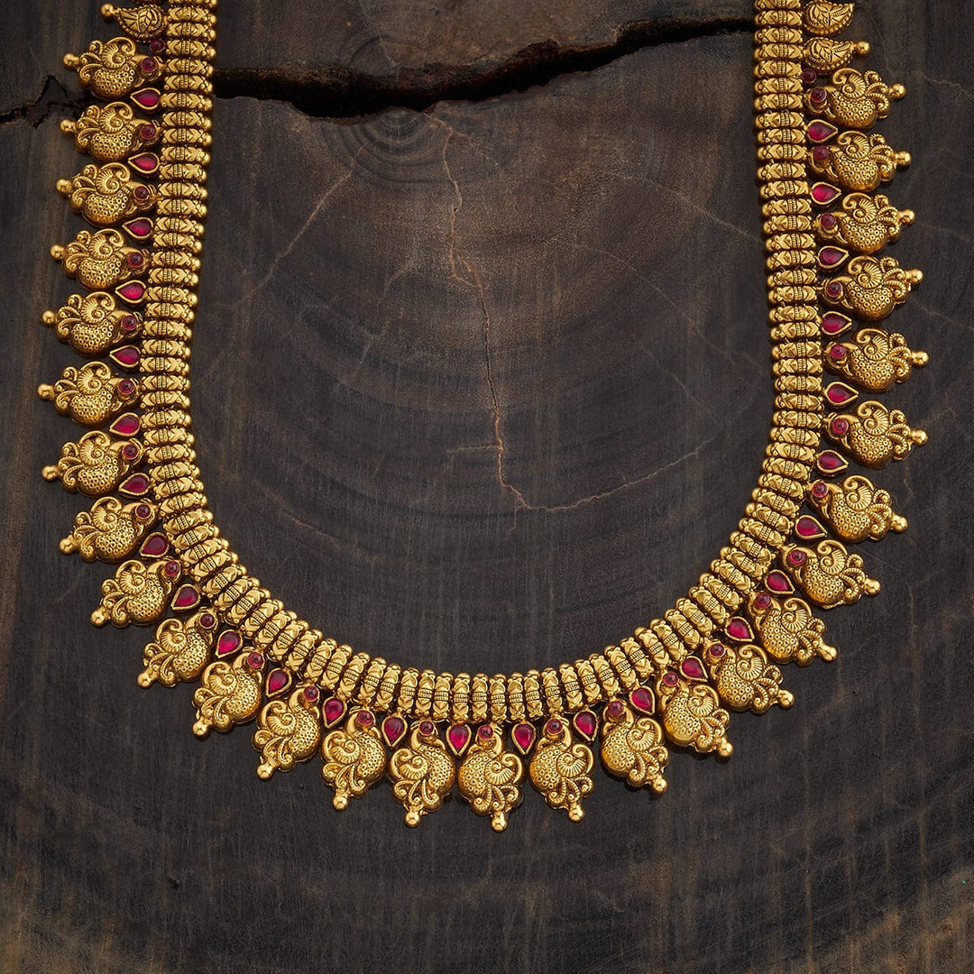 Pure 92.5 Silver, Gold Oxidized Traditional Peacock Design Temple Long Necklace with Ruby Accents