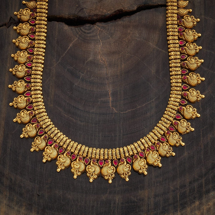 Pure 92.5 Silver, Gold Oxidized Traditional Peacock Design Temple Long Necklace with Ruby Accents