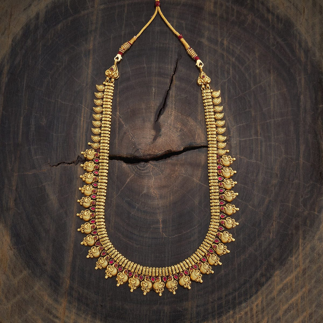 Pure 92.5 Silver, Gold Oxidized Traditional Peacock Design Temple Long Necklace with Ruby Accents
