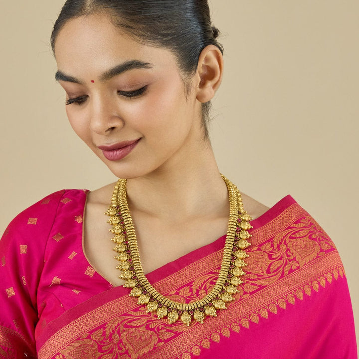Pure 92.5 Silver, Gold Oxidized Traditional Peacock Design Temple Long Necklace with Ruby Accents