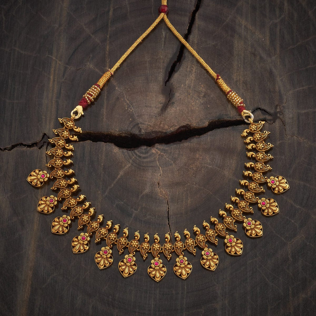 Pure 92.5 Silver Gold-Plated Necklace with Floral and Paisley Motifs and Red Stone