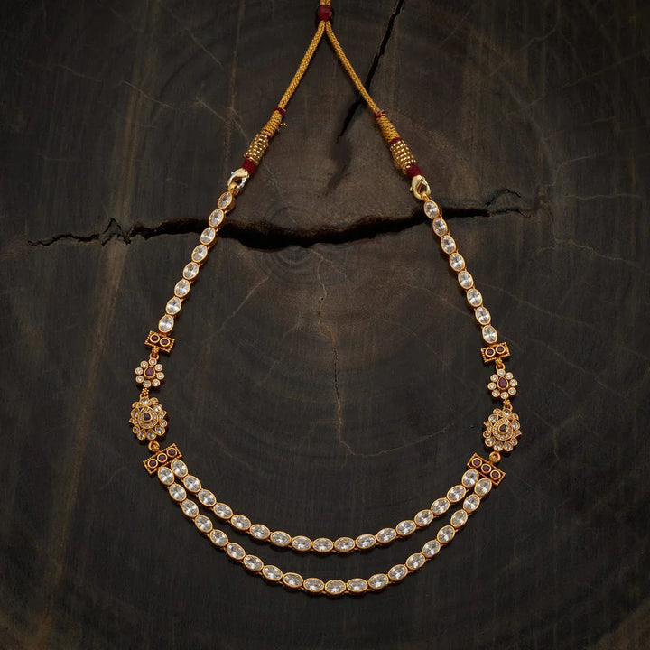 Pure 92.5 Silver, Gold Plated Necklace with Two Strands of CZ Stones and Ruby Accents