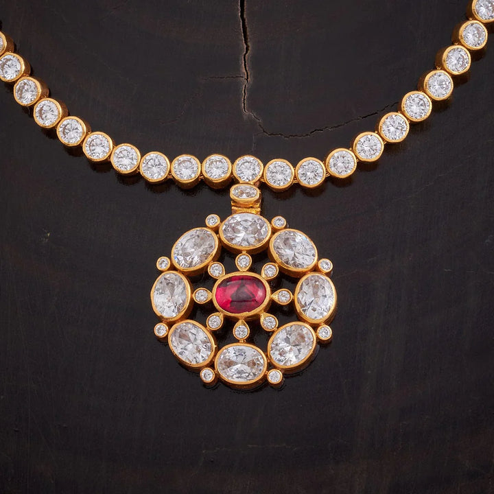 Pure 92.5 Silver CZ Stone Necklace with Floral Pendant