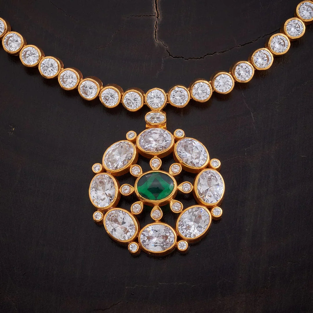 Pure 92.5 Silver, Gold Plated Floral Motif Temple Necklace with CZ Stone