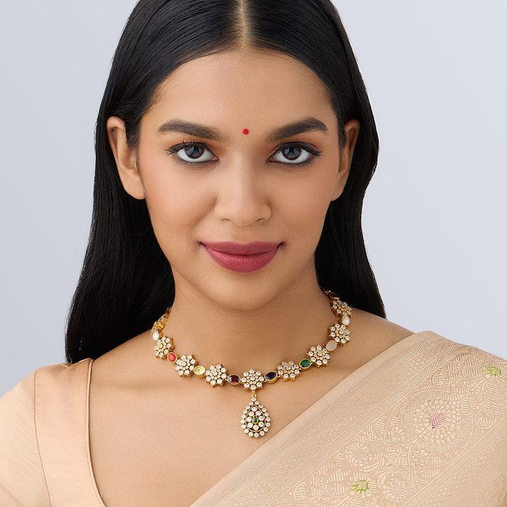 92.5 Pure Silver Flower Motif Temple Necklace
