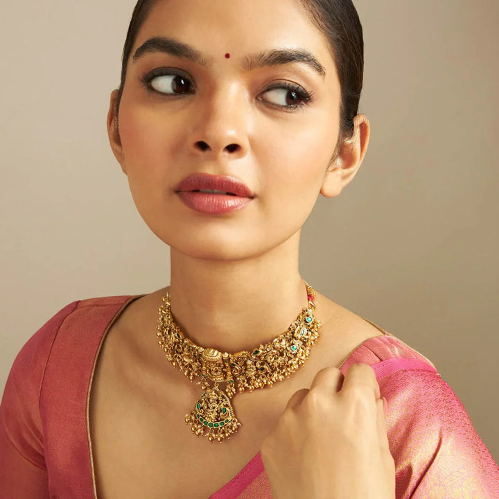 Pure 92.5 Silver, Gold Oxidized Lakshmi and Peacock Design Temple Choker with Gemstone Accents
