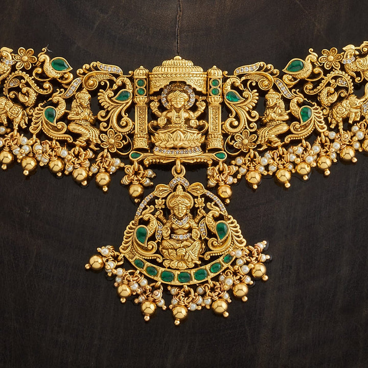 Pure 92.5 Silver, Gold Oxidized Lakshmi and Peacock Design Temple Choker with Gemstone Accents
