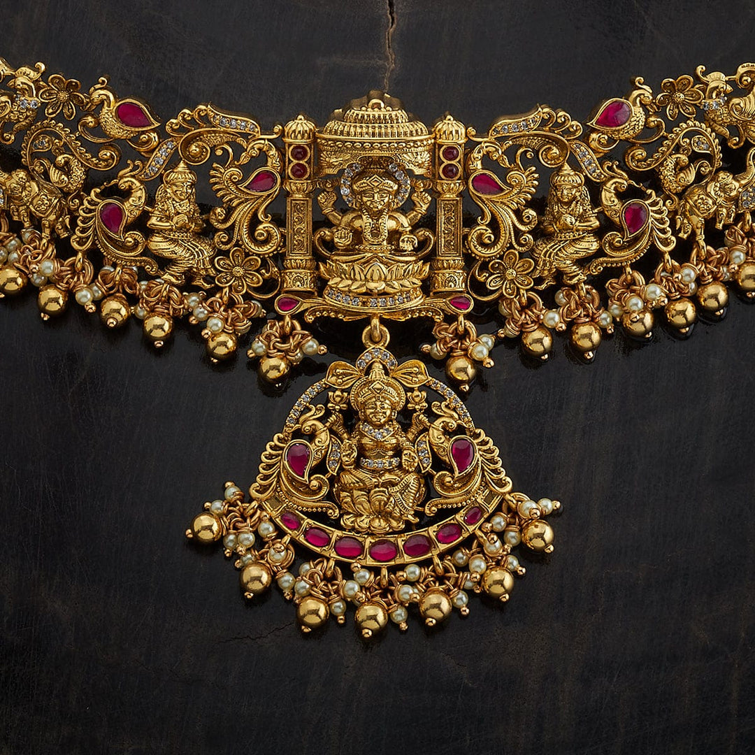 Pure 92.5 Silver, Gold Oxidized Lakshmi and Peacock Design Temple Choker with Gemstone Accents