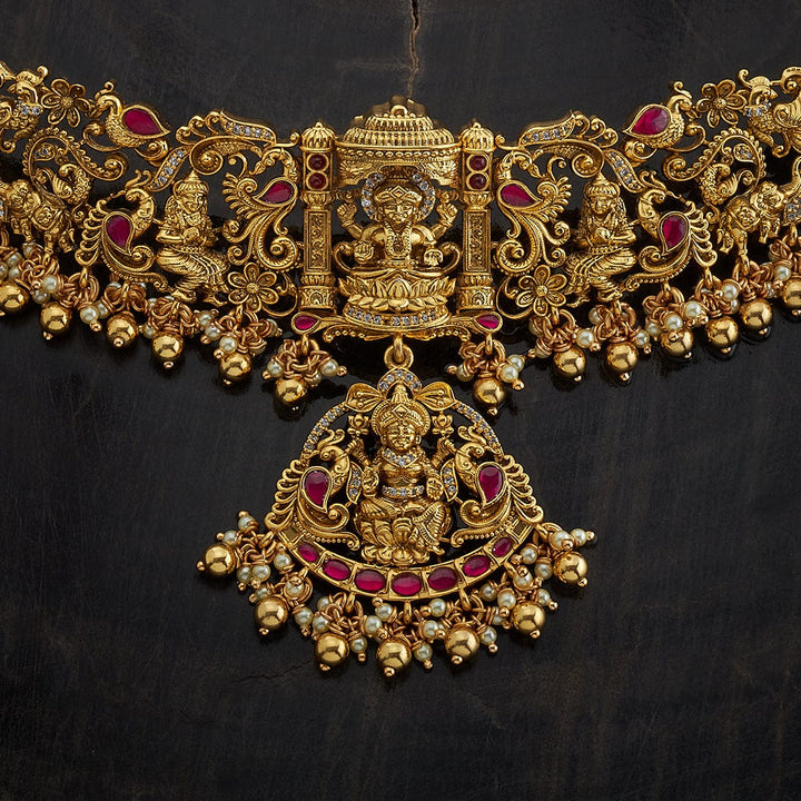 Pure 92.5 Silver, Gold Oxidized Lakshmi and Peacock Design Temple Choker with Gemstone Accents