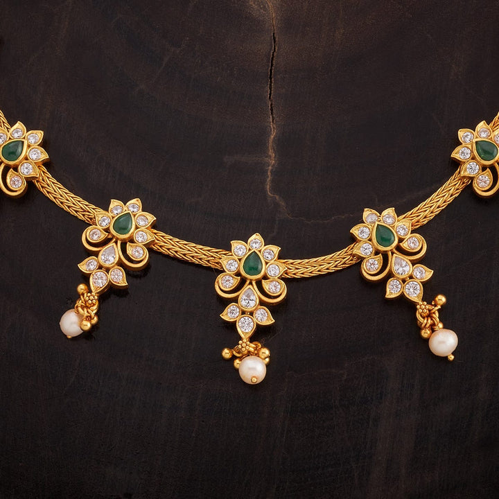 92.5 Pure Silver Gold-Plated Short Necklace In Green Kundan Stone With Dangling Beads And Adjustable Rope