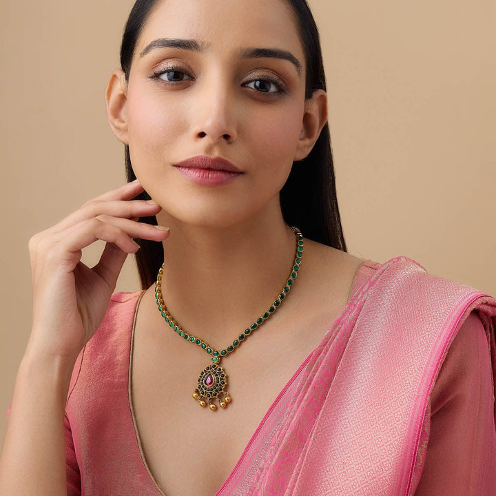 Pure 92.5 Silver Gold-Plated Delicate Emerald Necklace with Teardrop Pendant and Dangling Gold Beads