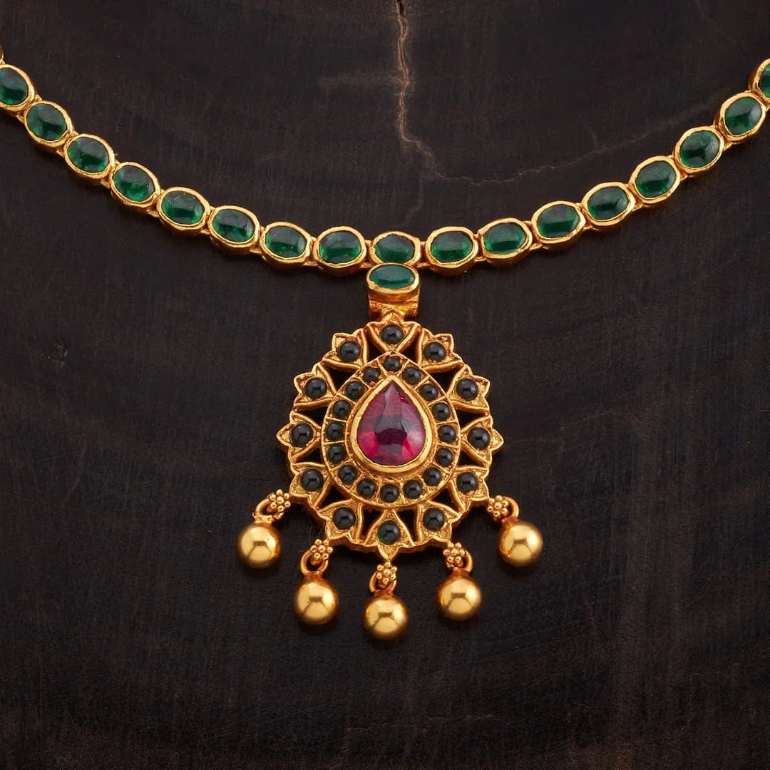 Pure 92.5 Silver Gold-Plated Delicate Emerald Necklace with Teardrop Pendant and Dangling Gold Beads