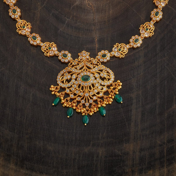 Pure 92.5 Silver Gold-Plated Floral Design Necklace with Gemstone and Dangling Beads