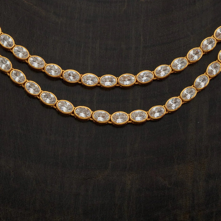 Pure 92.5 Silver, Gold Plated Necklace with Two Strands of CZ Stones and Ruby Accents