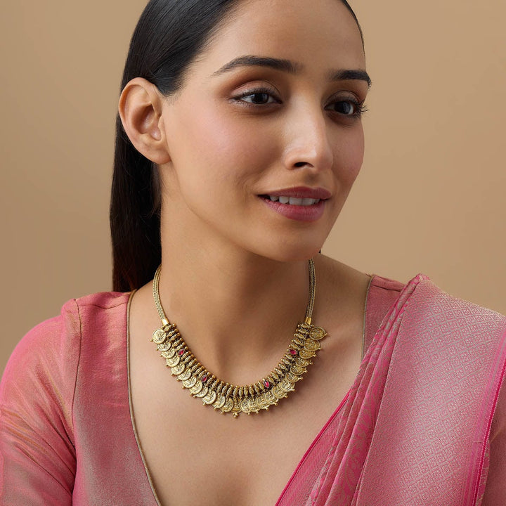 Pure 92.5 Silver, Gold Plated Kasu Mala Temple Necklace