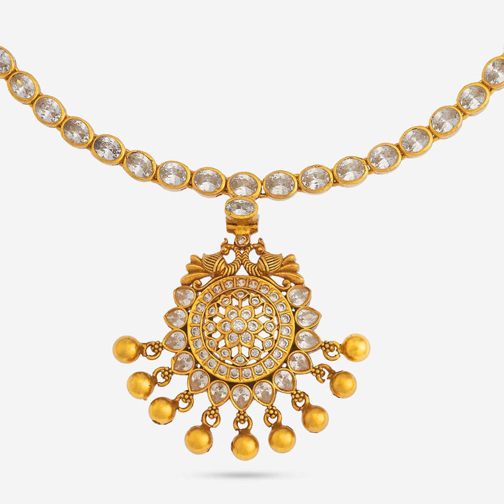 Pure 92.5 Silver, Gold Plated White Stone Temple Necklace with Floral Pendant