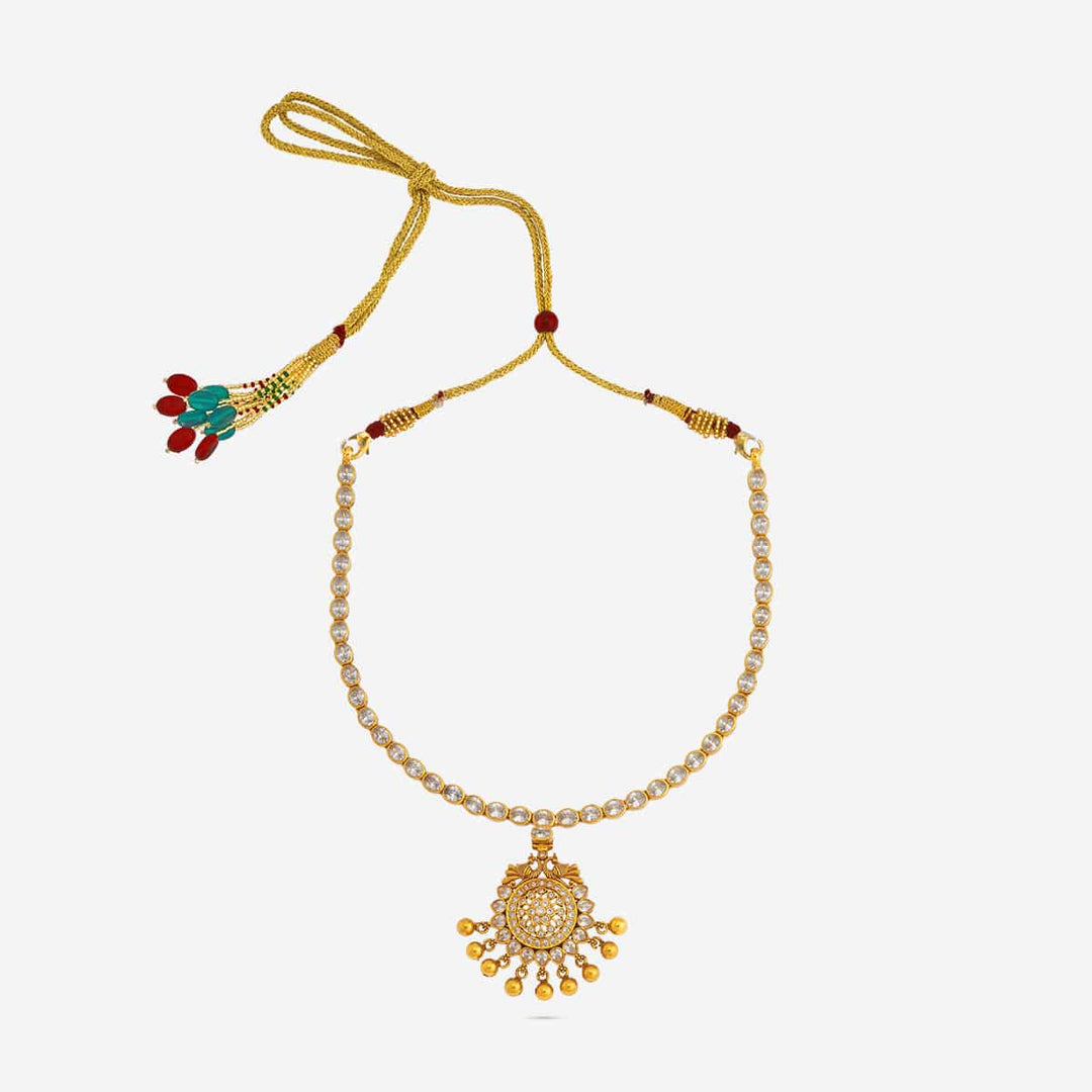 Pure 92.5 Silver, Gold Plated White Stone Temple Necklace with Floral Pendant