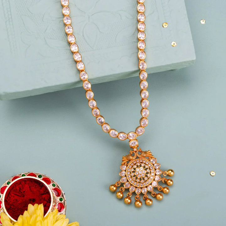 Pure 92.5 Silver, Gold Plated White Stone Temple Necklace with Floral Pendant