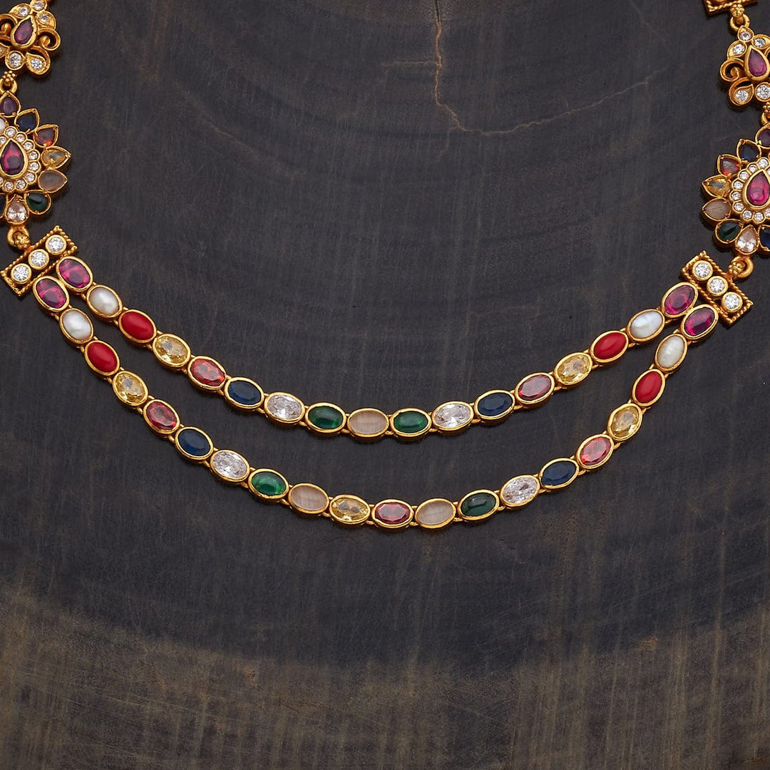 Pure 92.5 Silver Gold-Plated Navaratna Two-Layer Necklace