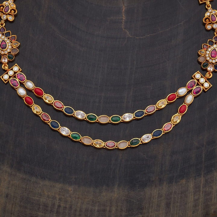 Pure 92.5 Silver Gold-Plated Navaratna Two-Layer Necklace